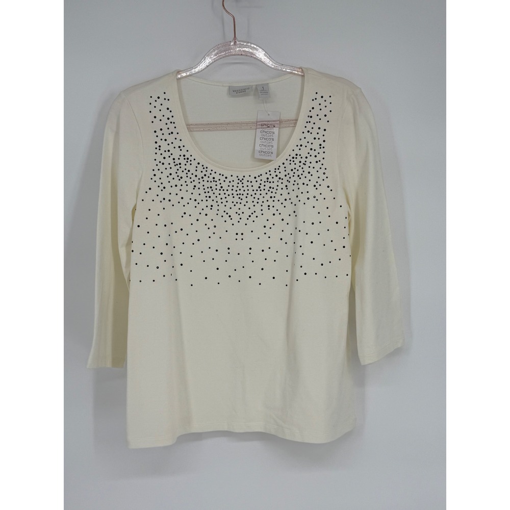 Chicos Embellished 3/4 Sleeve Top Women's Cream Casual Blouse Size 1 NW Org $39